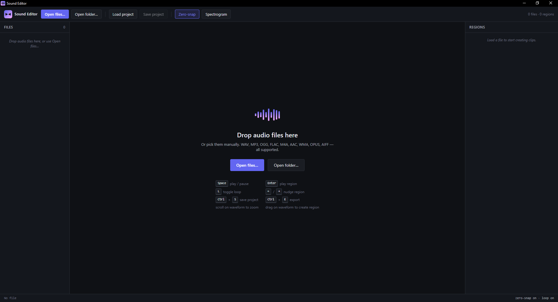 Sound Editor empty state — drop files anywhere or use the picker