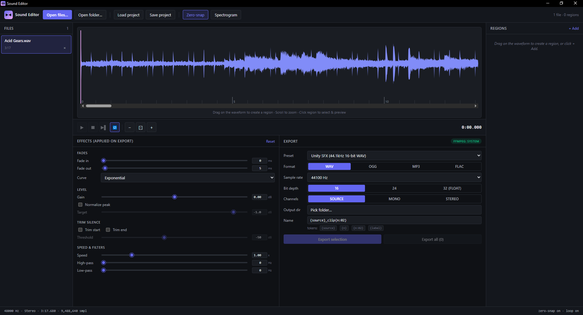 Sound Editor with audio loaded — waveform, transport, effects, Unity-SFX export preset
